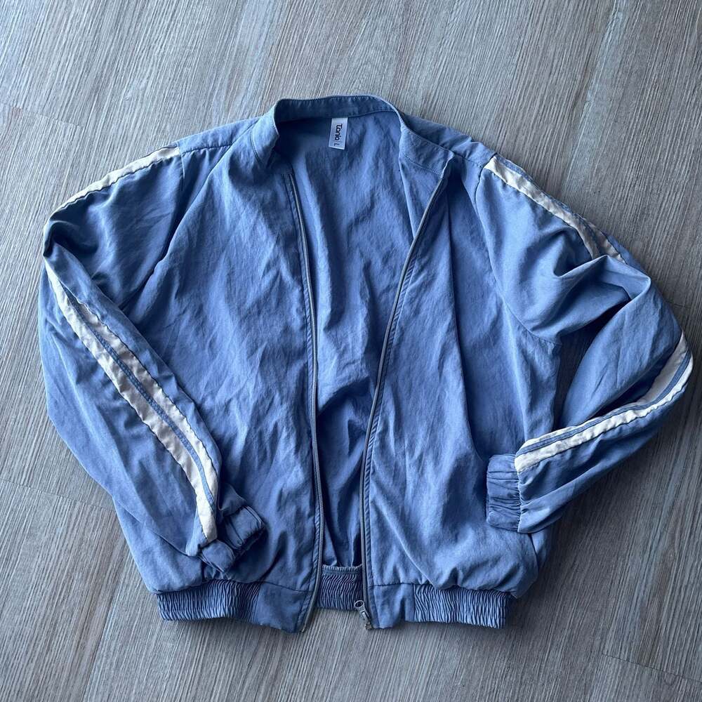 Tania Dusty Blue Zip-Up Bomber Jacket with Contrast Side Stripes